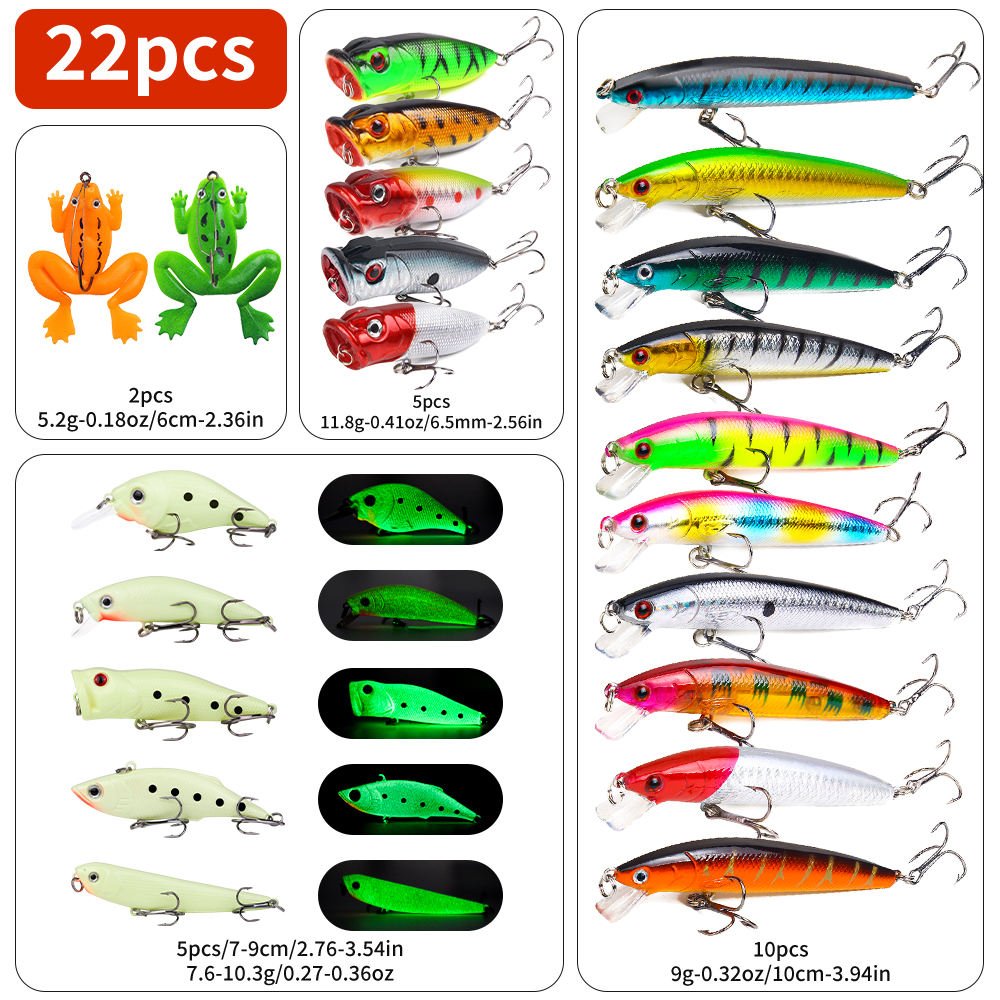 22-piece Set Hard Lure Soft Frog Popper Minnow Pencil VIB Luminous Bait Set Durable Hooks Realistic Action Ideal - Image 6