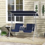 2-Seater Outdoor Porch Swing With Canopy And Table, Patio Swing Chair For Garden, Poolside, Backyard, Dark Blue