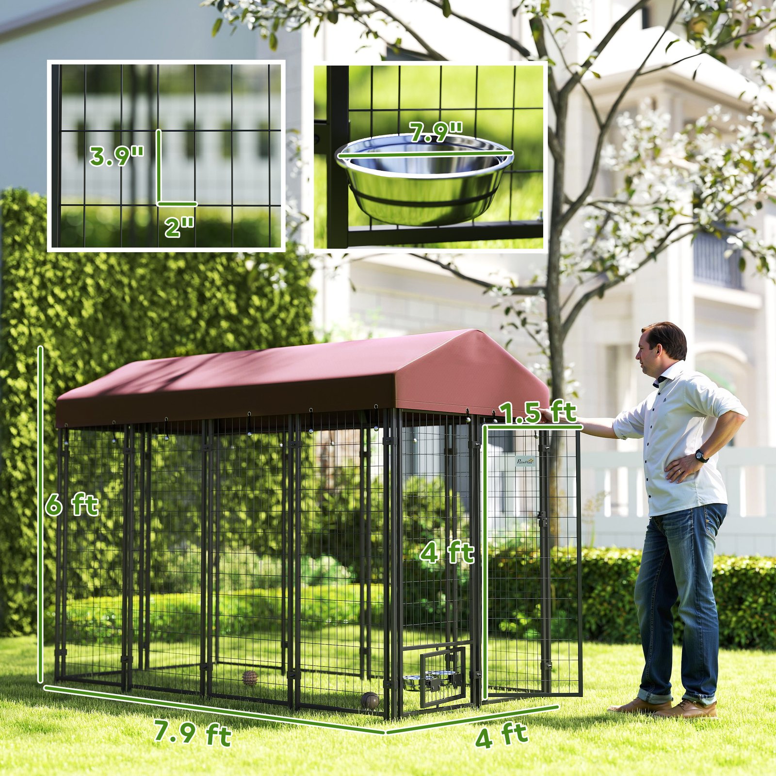 Outdoor Dog Kennel With Rotating Bowl Holders, Walk-in Pet Playpen With Waterproof Cover, 8' X 4' X 6', Red - Image 2