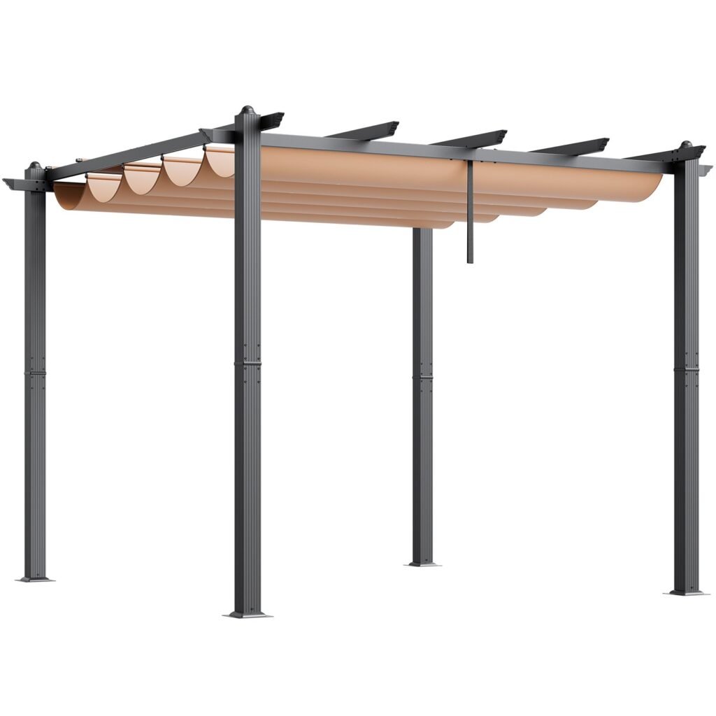 10'x10' Outdoor Retractable Pergola With Sun Shade Canopy Aluminum Beige —