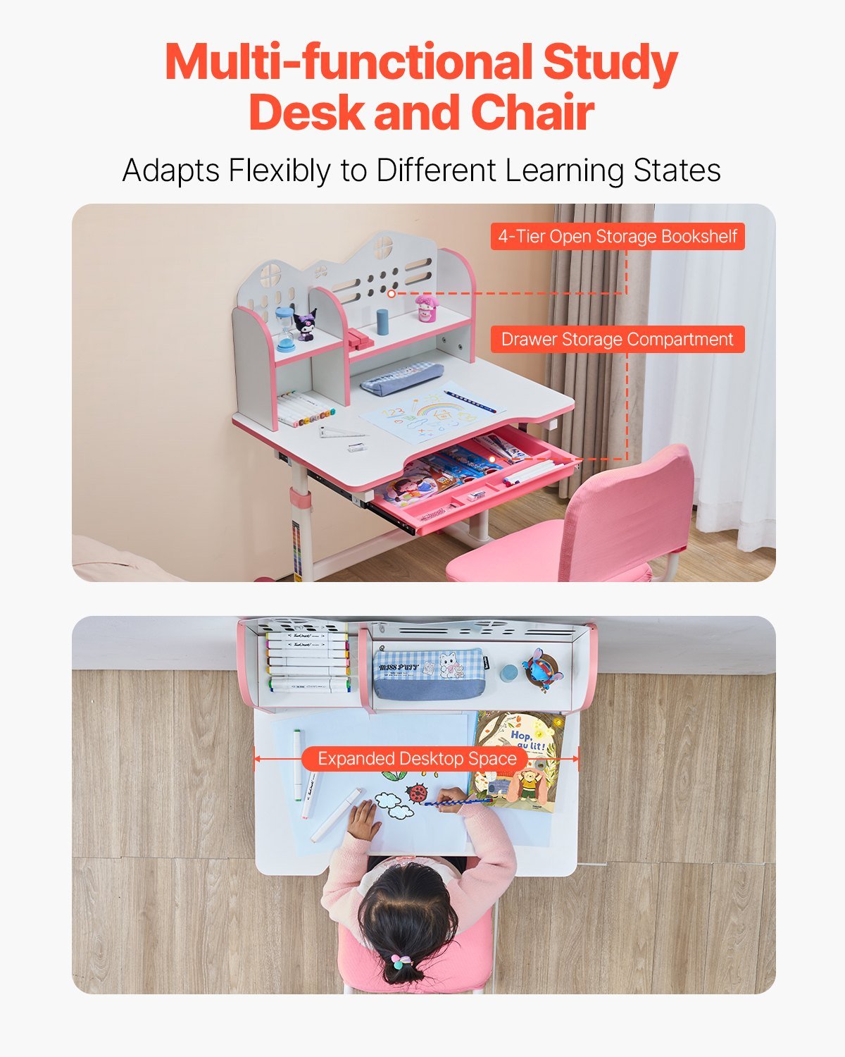 Kids Study Chair And Desk Set, Study Desk And Chair For Kids With Bookshelf And Storage Drawer, Adjustable Height Kids Study Desk With Chair, Children Study Table For Bedroom & Study Room, Pink - Image 3