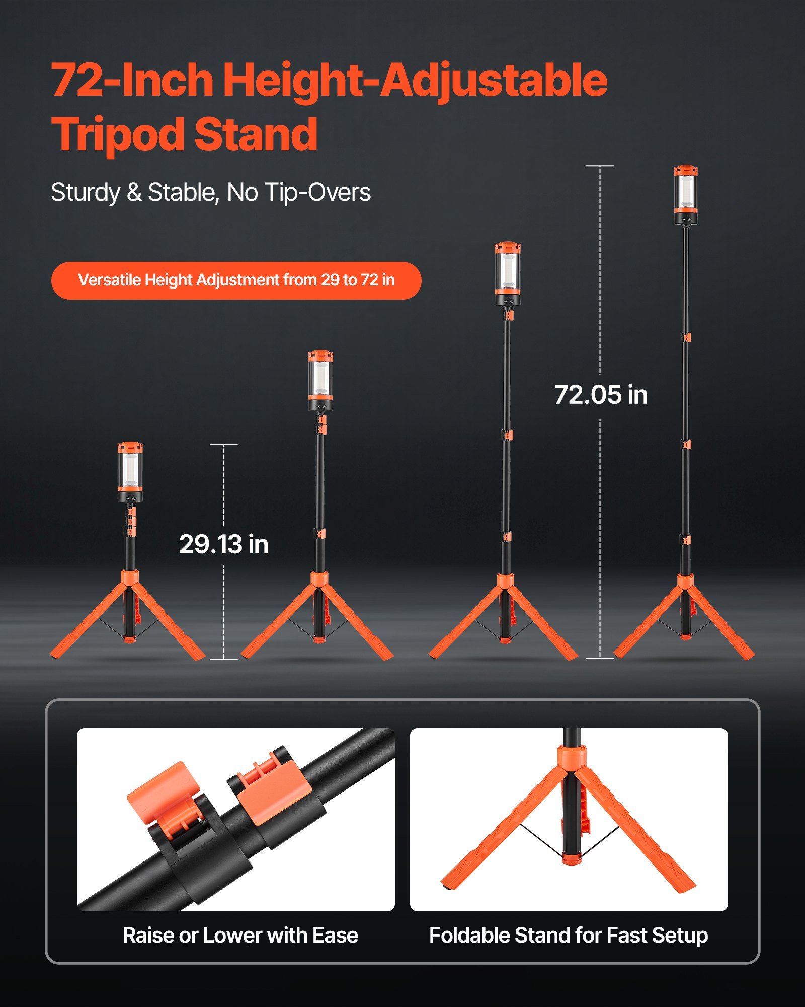 LED Work Light With Stand, 13.2Ah, Rechargeable Cordless Camping Light, With 3 Lamp Heads, Detachable Tripod Stand, 2200 Lumens 3000K-6500K Dimmable, Portable Construction Lighting For Job Site - Image 4