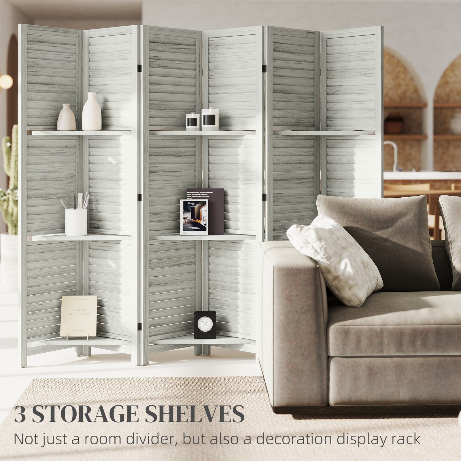 6 Panel 67" Tall Wood Privacy Screen Room Divider With 3 Shelves And Folding Storage For Bedroom, White - Image 2