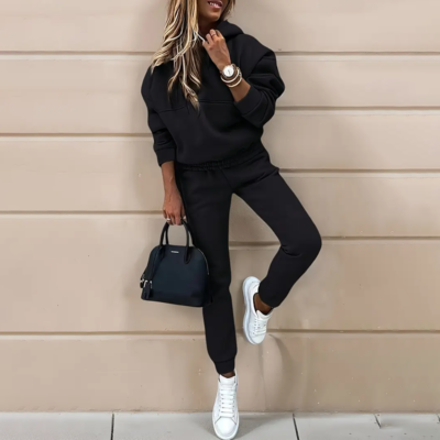 Women's Casual 2-Piece Tracksuit, Solid Color Hooded Sweatshirt And Slim Fit Jogger Pants For Autumn And Winter