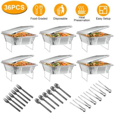 36Pcs Per Set Disposable Chafing Dish Buffet Set Food Warmers For Party Buffet Server Catering Supplies With Covers Utensils Half Size Food Pans For Parties Events BBQ Catering