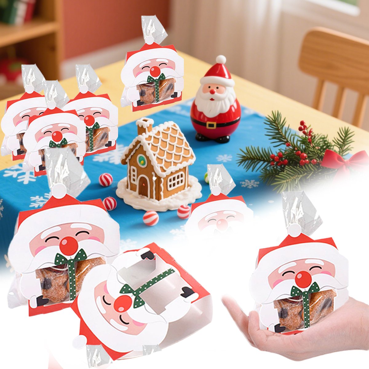 3D Christmas Goody Gift Boxes With Transparent Bags For Holiday Xmas Goodie Paper Boxes, School Classroom Party Favor Supply, Santa Claus Design Candy Treat Cardboard Cookie Box For Xmas G - Image 3
