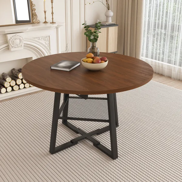 47 Inch Extendable Round Dining Table For 4-8 With Storage, Walnut Finish Circle Dining Table With Metal Frame & Thickened Top, Multi-Functional Kitchen & Living Room Table - Image 2