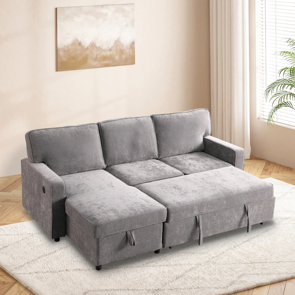 Upholstery Sleeper GREY Sectional Sofa With Storage Space, USB Port, 2 Cup Holders On Back Cushions - Image 18