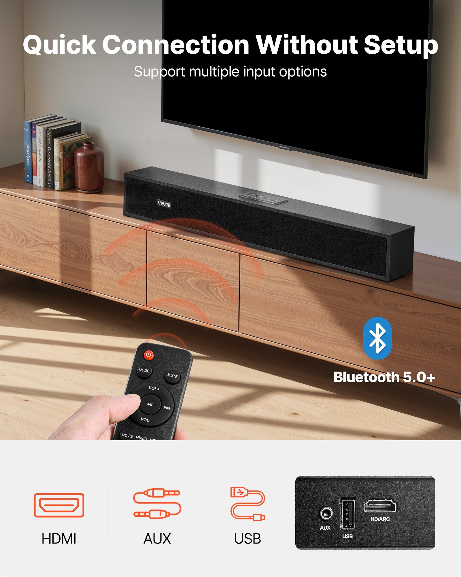 Sound Bar For Smart TV, 2.0 Channel, 24-Inch Compact Soundbar TV Speakers For Projector, Bluetooth AUX Connection, Remote Control, Easy Setup, 80W Surround Sound System For PC Home Theater Audio - Image 3