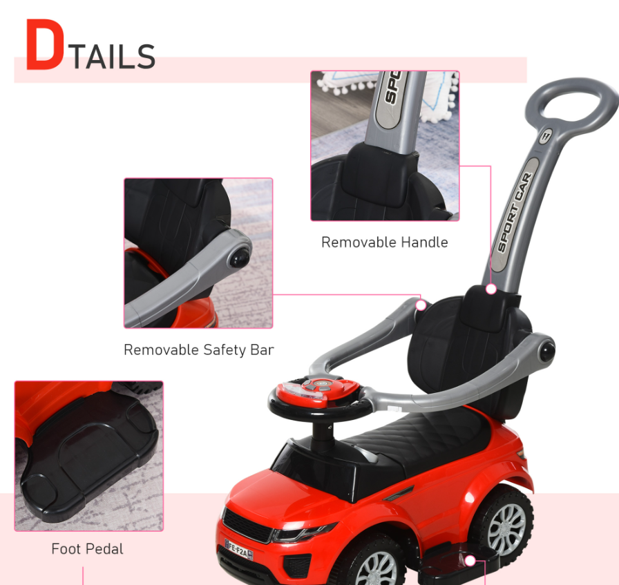 Kids 3 In 1 Push Car Ride-On Stroller Sliding Walking Toy With Horn Music Light Secure Bar For Boys Girls 1-3 Years Old Red - Image 4