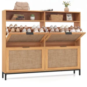Boho Style Shoe Cabinet Cabinet With 4 Flip Drawers & Open Shelves, Freestanding Shoe Organizer For Entryway