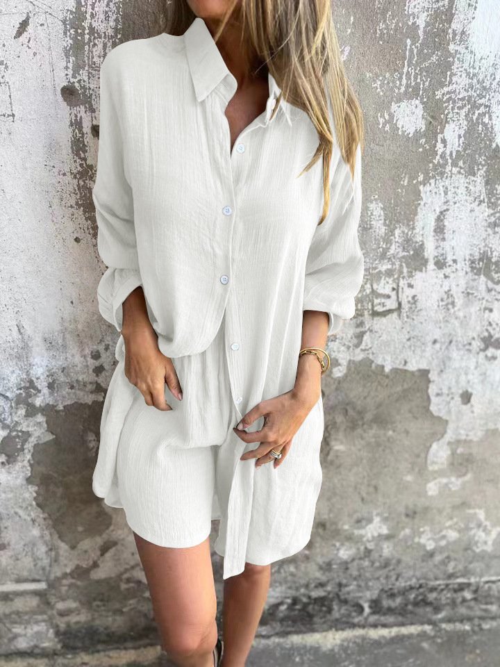2pcs Loose Long-sleeved Shirt Suit With Lapel Button Tops And Elasticated Shorts Fashion Casual Clothing For Women - Image 6