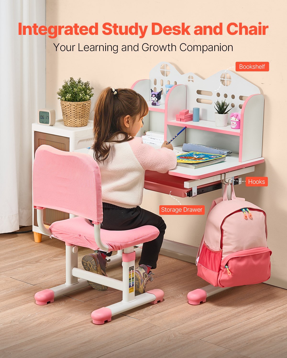 Kids Study Chair And Desk Set, Study Desk And Chair For Kids With Bookshelf And Storage Drawer, Adjustable Height Kids Study Desk With Chair, Children Study Table For Bedroom & Study Room, Pink - Image 5
