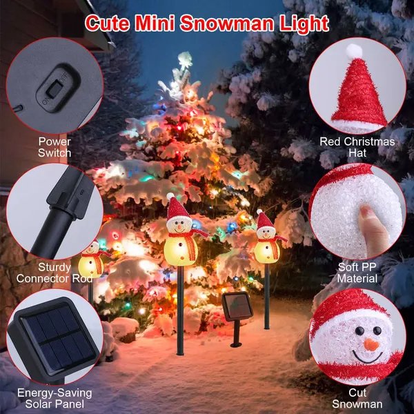 1Pc Solar Powered Lamp 3 Snowmen Outdoor Decorative Christmas Lamp Garden Stake Light IP55 Waterproof Santa Landscape Light Warm White LED Lighting Pathway Yard Patio - Image 3