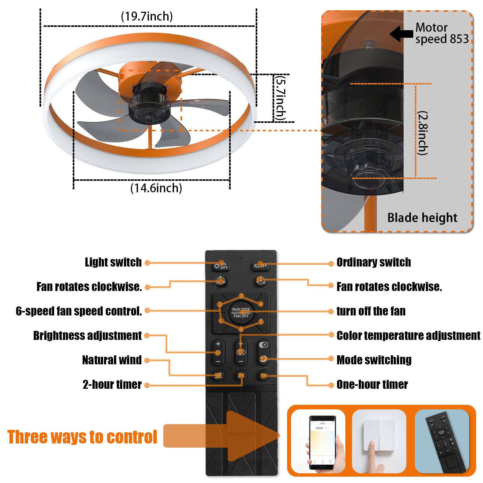 Ceiling Fans With Lights Dimmable LED Embedded Installation Of Thin Modern Ceiling Fans,Orange - Image 8