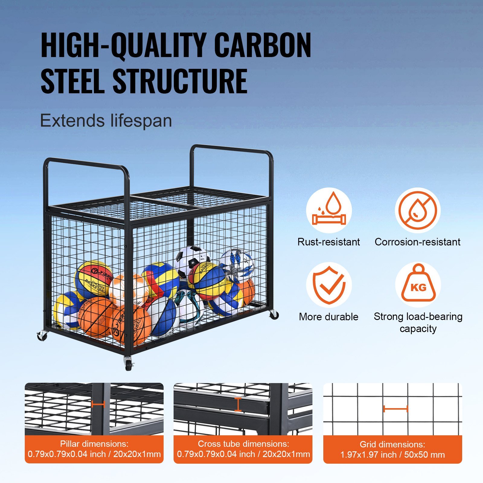 Rolling Sports Ball Storage Cart, Lockable Basketball Cage With Double Lids, Sport Equipment Holder Organizer For Indoor Outdoor, Steel Storage Rack For Garages, Playgroup, Gym And Schools - Image 3
