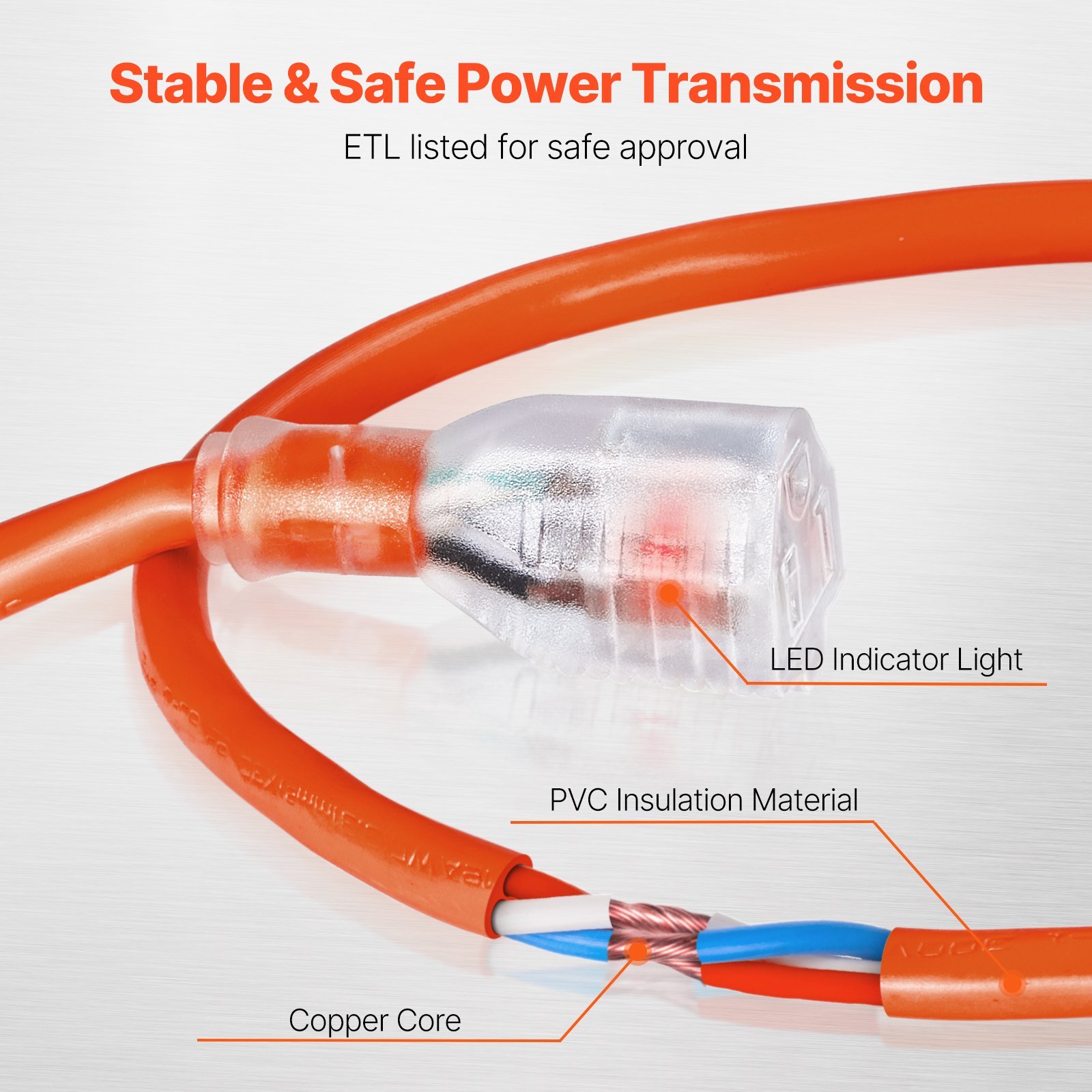 100FT Heavy Duty Extension Cord 16AWG 10A 1250W 3 Prongs With Lighted End - Image 3