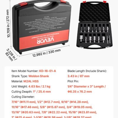 Annular Cutter Set, 16 Pcs Weldon Shank Mag Drill Bits Kit, 1" Cutting Depth, 7/16" To 1-3/8" Cutting Diameter, HSS, 14 Drill Bits With 2 Pilot Pins, Plastic Case, For Magnetic Drills, Steel