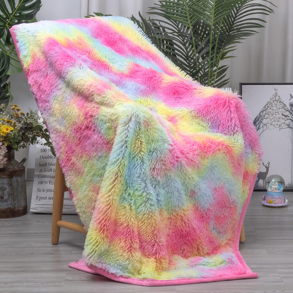 1 Piece Shaggy Blanket Plush Faux Fur Blanket For Bed Sofa Ultra Soft Luxury Sherpa Blanket Rainbow Colorful Blanket —