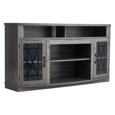 TV Stand For TVs Up To 65 Inch, Farmhouse Entertainment Center With Light Strip, Wooden TV Cabinet Storage With Glass Doors And Adjustable Shelves, Console Table For Living Room, Bedroom, Gray