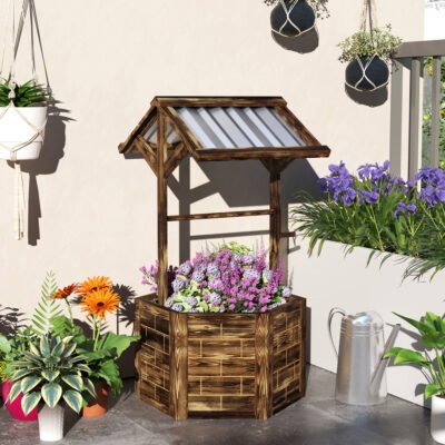 Wooden Wishing Well Planter, Raised Garden Bed With Galvanized Canopy-Tan