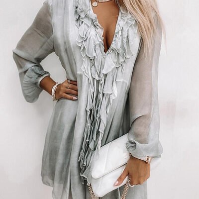 Autumn Ruffled Large Lapel Knee-length Short Dress
