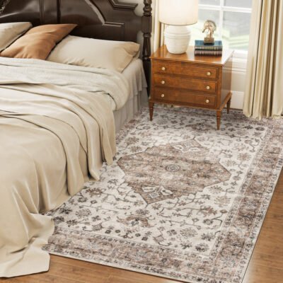 5x7 Area Rug, Vintage Machine Washable Rug, Non-Slip Floor Carpet For Living Room, Bedroom, Dining Room, Tan