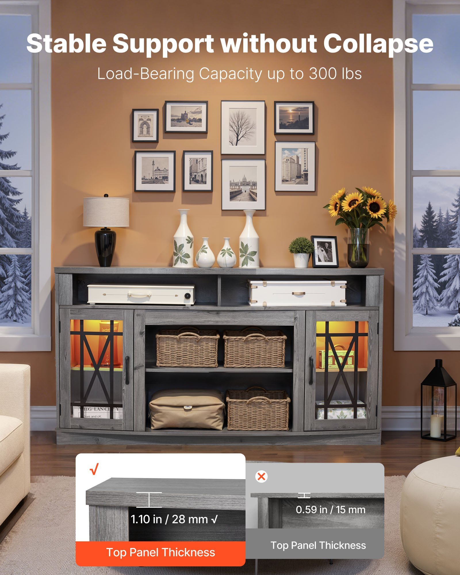 TV Stand For TVs Up To 65 Inch, Farmhouse Entertainment Center With Light Strip, Wooden TV Cabinet Storage With Glass Doors And Adjustable Shelves, Console Table For Living Room, Bedroom, Gray - Image 3