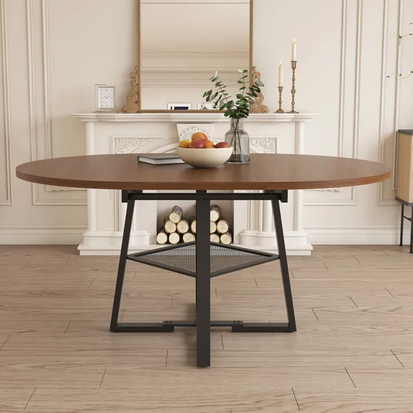 47 Inch Extendable Round Dining Table For 4-8 With Storage, Walnut Finish Circle Dining Table With Metal Frame & Thickened Top, Multi-Functional Kitchen & Living Room Table - Image 5