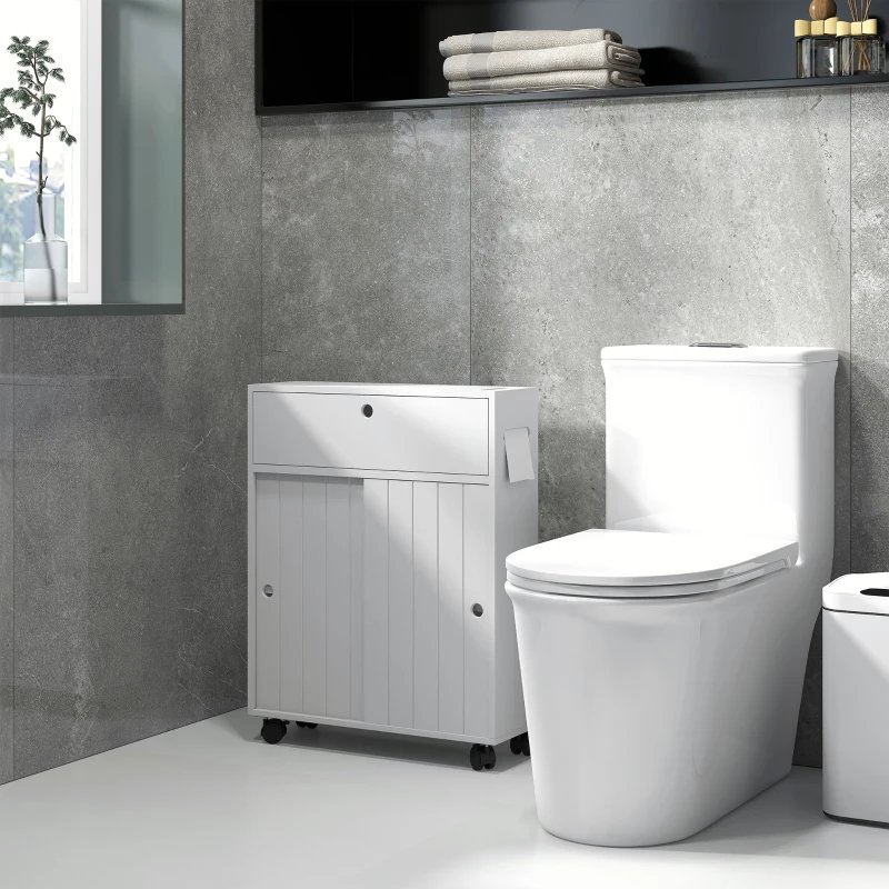 Kleankin Toilet Paper Cabinet, Slim Bathroom Cabinet With 4 Rolling Wheels, Small Bathroom Storage Cabinet With Paper Holes, Sliding Doors And Adjustable Shelf For Small Space, White - Image 8