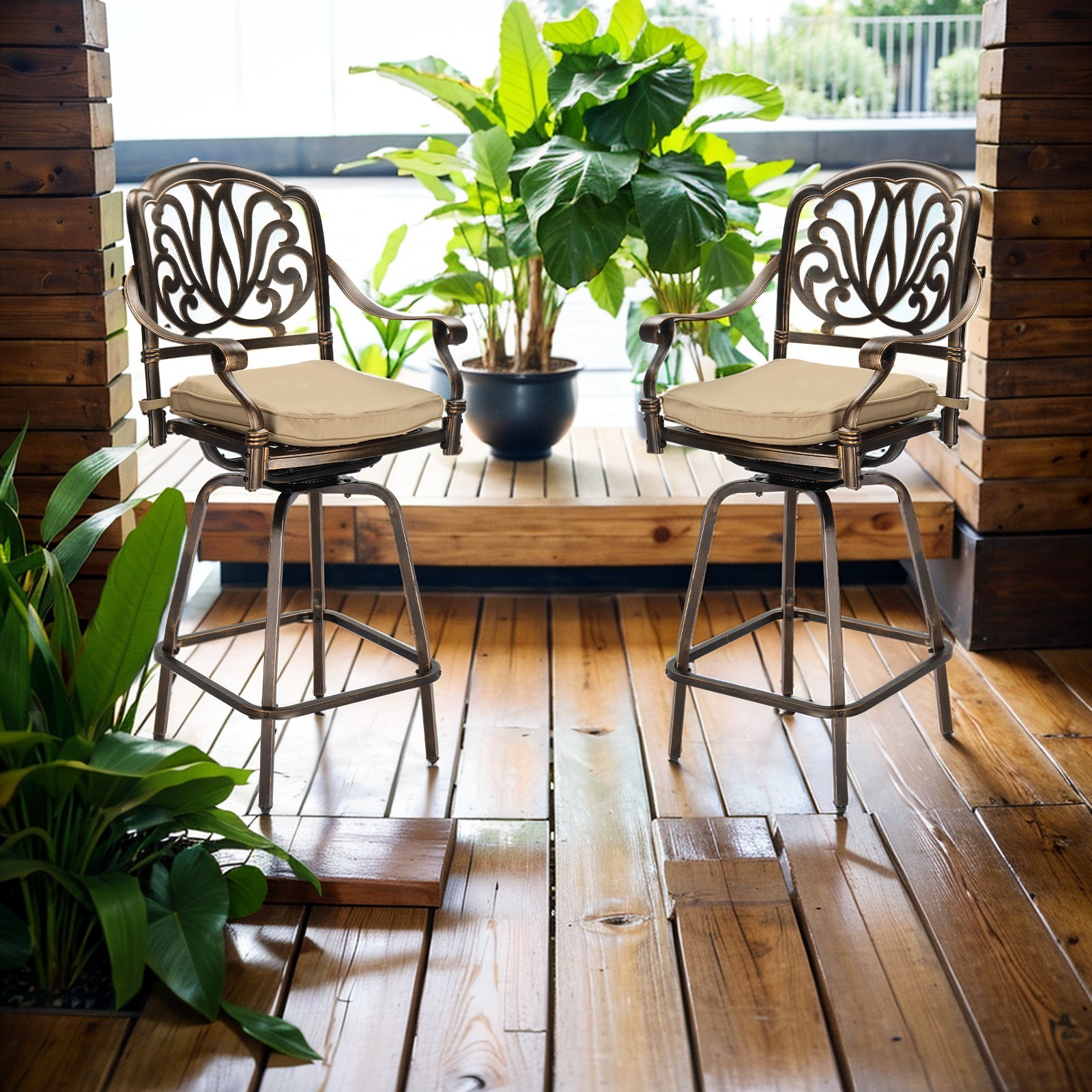 2pcs Bronze Color, Beige Cushion, Cast Aluminum Bar Stool - Image 7