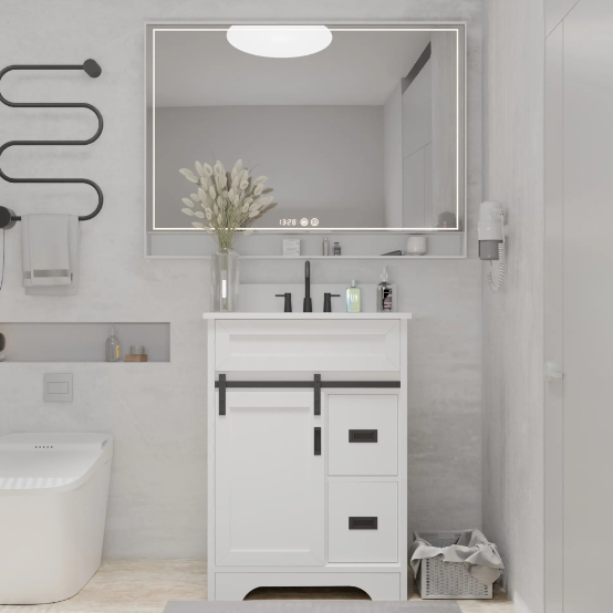 24 Bathroom Vanity With Single Sink Combo, Farmhouse Undermount Bathroom Sink Cabinet With Sliding Barn Doors And 2 Drawers, Freestanding Bathroom Vanities,White - Image 14