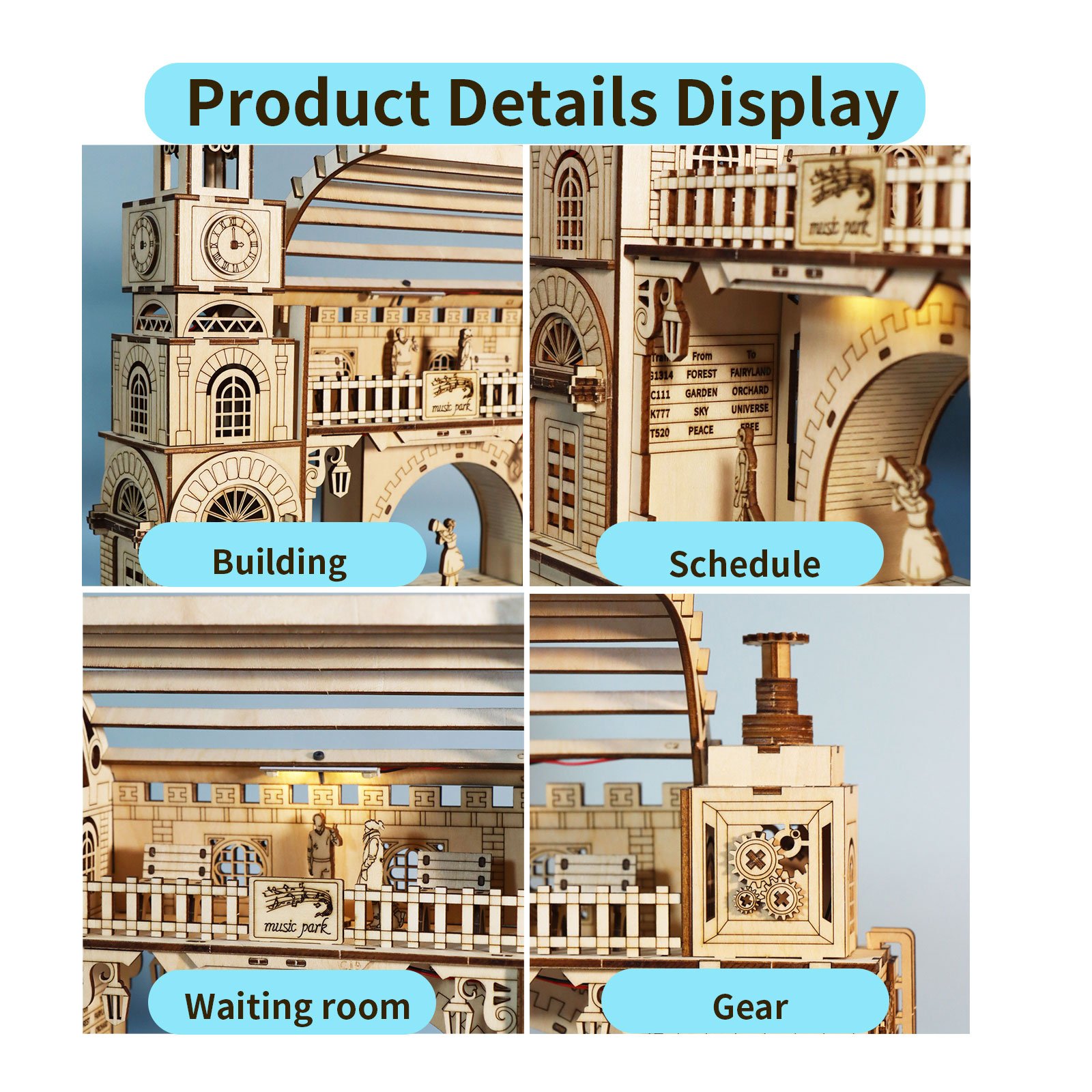 Sales Are Prohibited On The TEMU And SHEIN -MUSIC PARK3D Wooden Puzzle Railway Station Model Kits To Build Wooden Construction Handmade DIY Craft Unique Gift For Christmas - Image 4