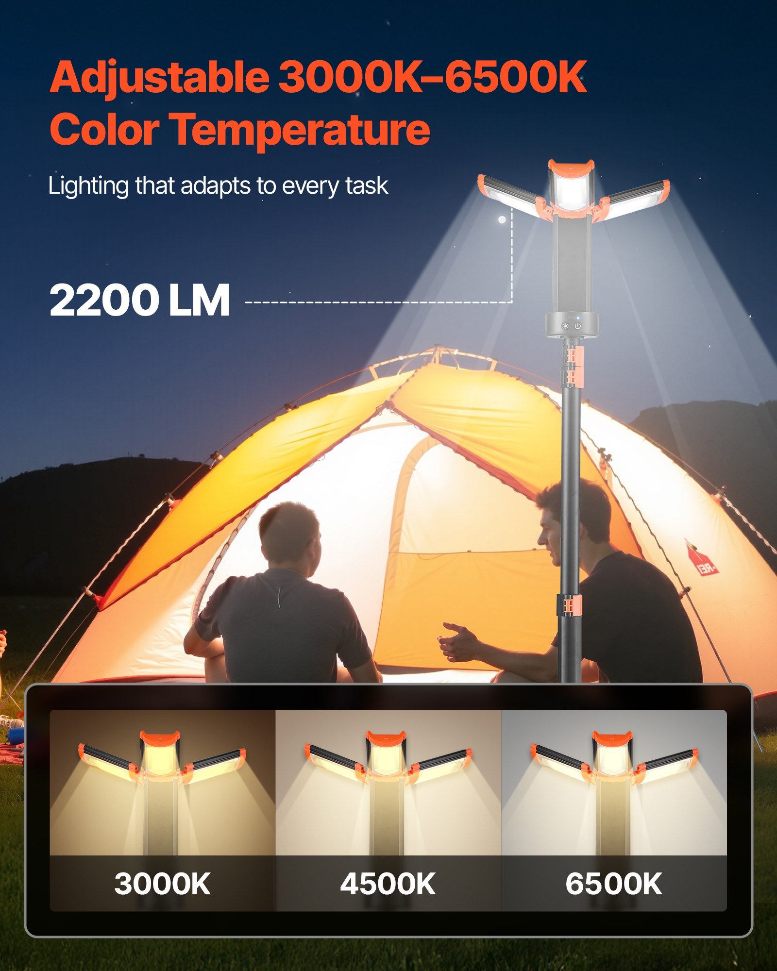 LED Work Light With Stand, 13.2Ah, Rechargeable Cordless Camping Light, With 3 Lamp Heads, Detachable Tripod Stand, 2200 Lumens 3000K-6500K Dimmable, Portable Construction Lighting For Job Site - Image 2