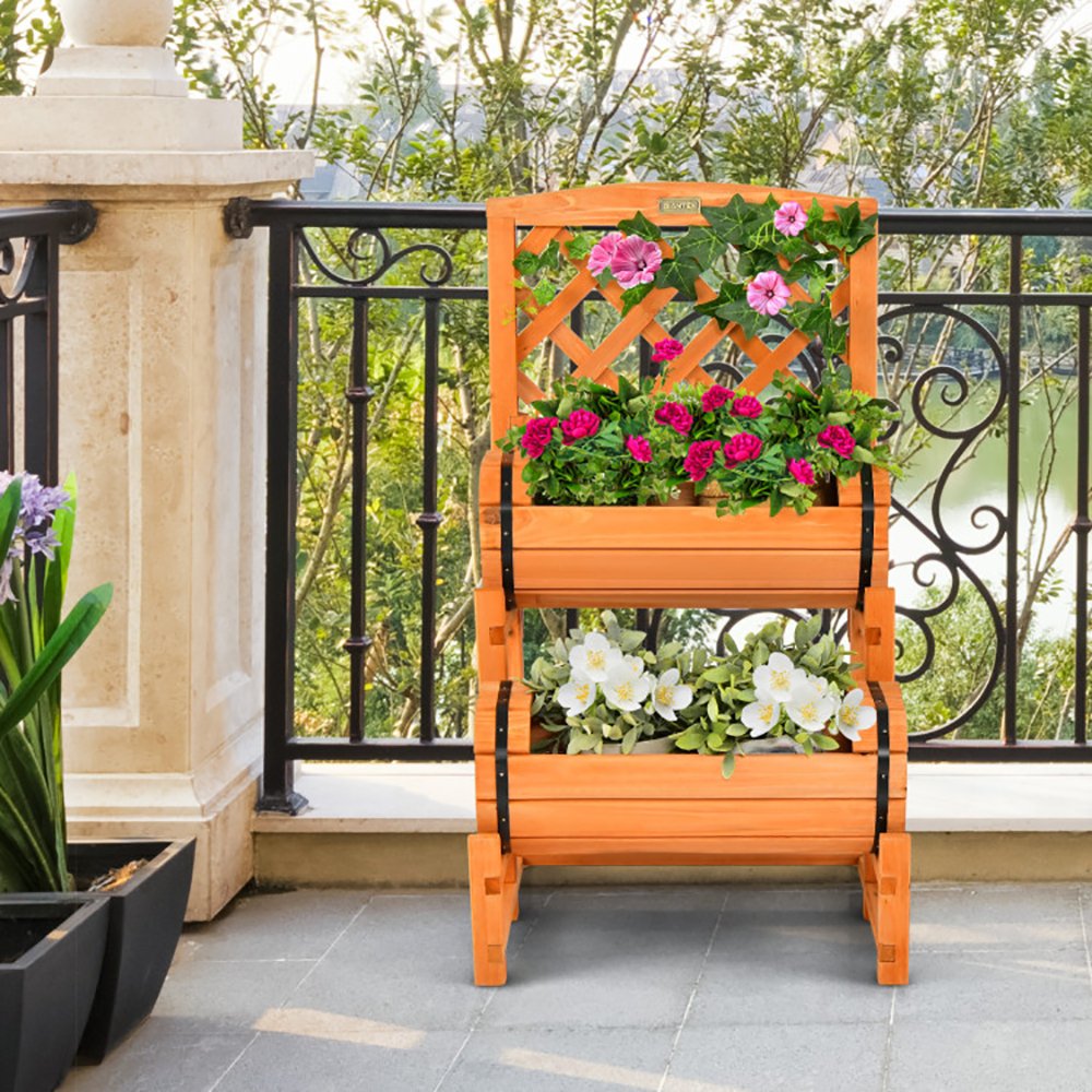 Wooden 2-Tier Raised Garden Bed With 2 Cylindrical Planter Boxes And Trellis - Image 3