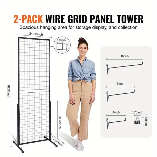Professional Gridwall Display System 2-Pack 24' X 67' Double-Sided Retail Grid Wall Panels With Sturdy T-Base & 20 Display Hooks And Clips For Boutique, Craft Fair & Trade Show - Image 2