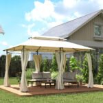 10' x 13' Double Roof Patio Gazebo, Outdoor Gazebo With Curtains, For Garden, Lawn, Backyard And Deck, Cream White