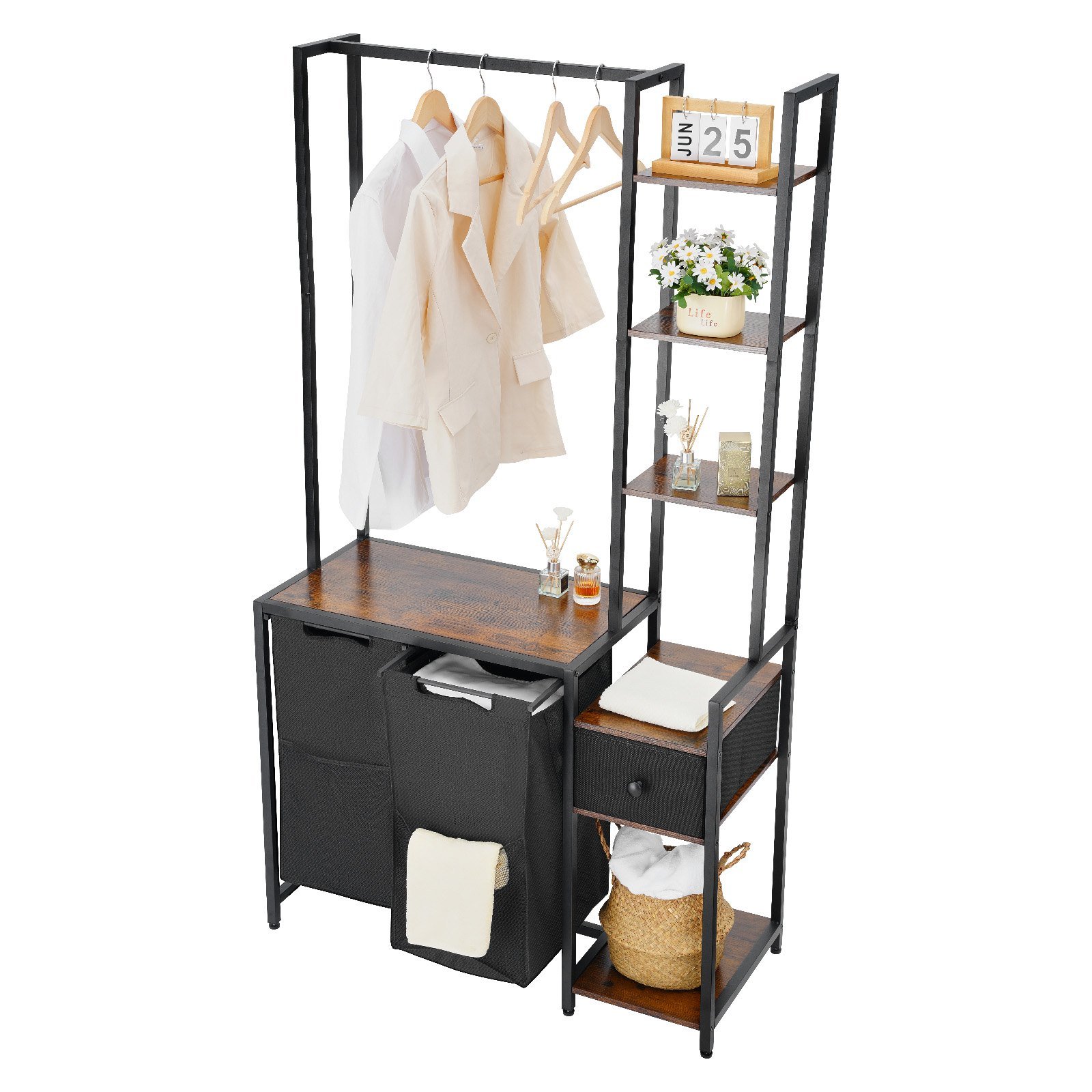 3 Tiers Laundry Sorter With Rack, Tall Laundry Hamper With Shelves And Drawers, 2 Section Freestanding Hanging Rack Storage With 600D Oxford Cloth Bags And Ladder Shelves For Dirty Clothes
